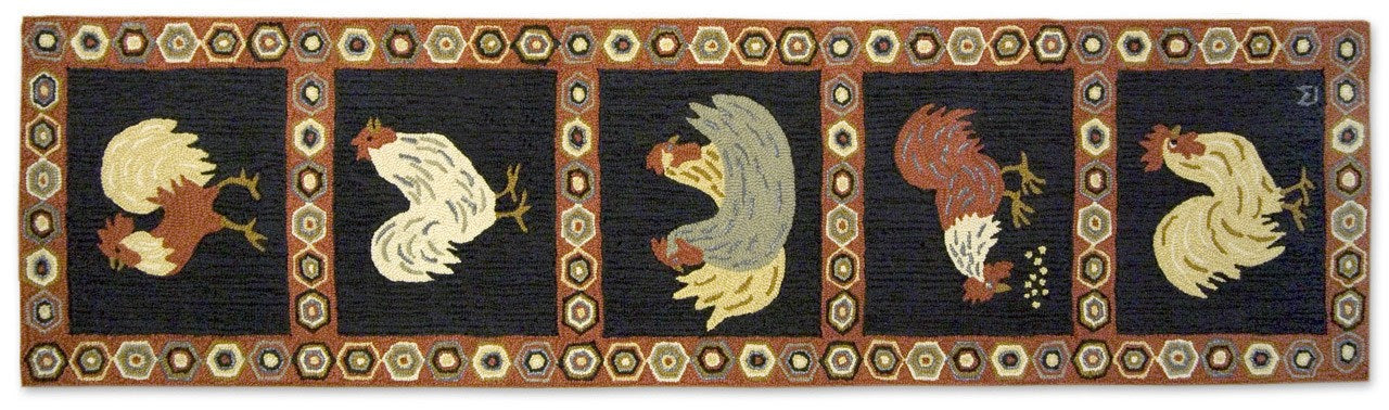 chicken area rug with black background