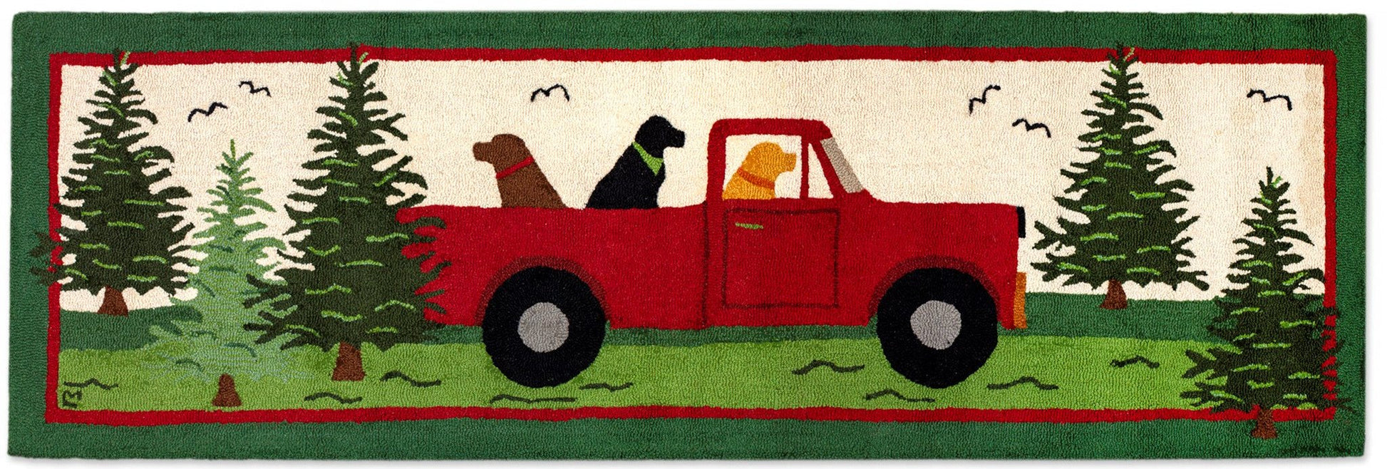 dog area rug with labradors in a red truck